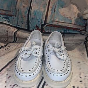 White Studded Leather Boat Shoes